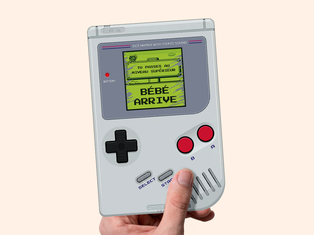 Carte annonce grossese à gratter Gameboy, theme jeux video, geek, retrogaming